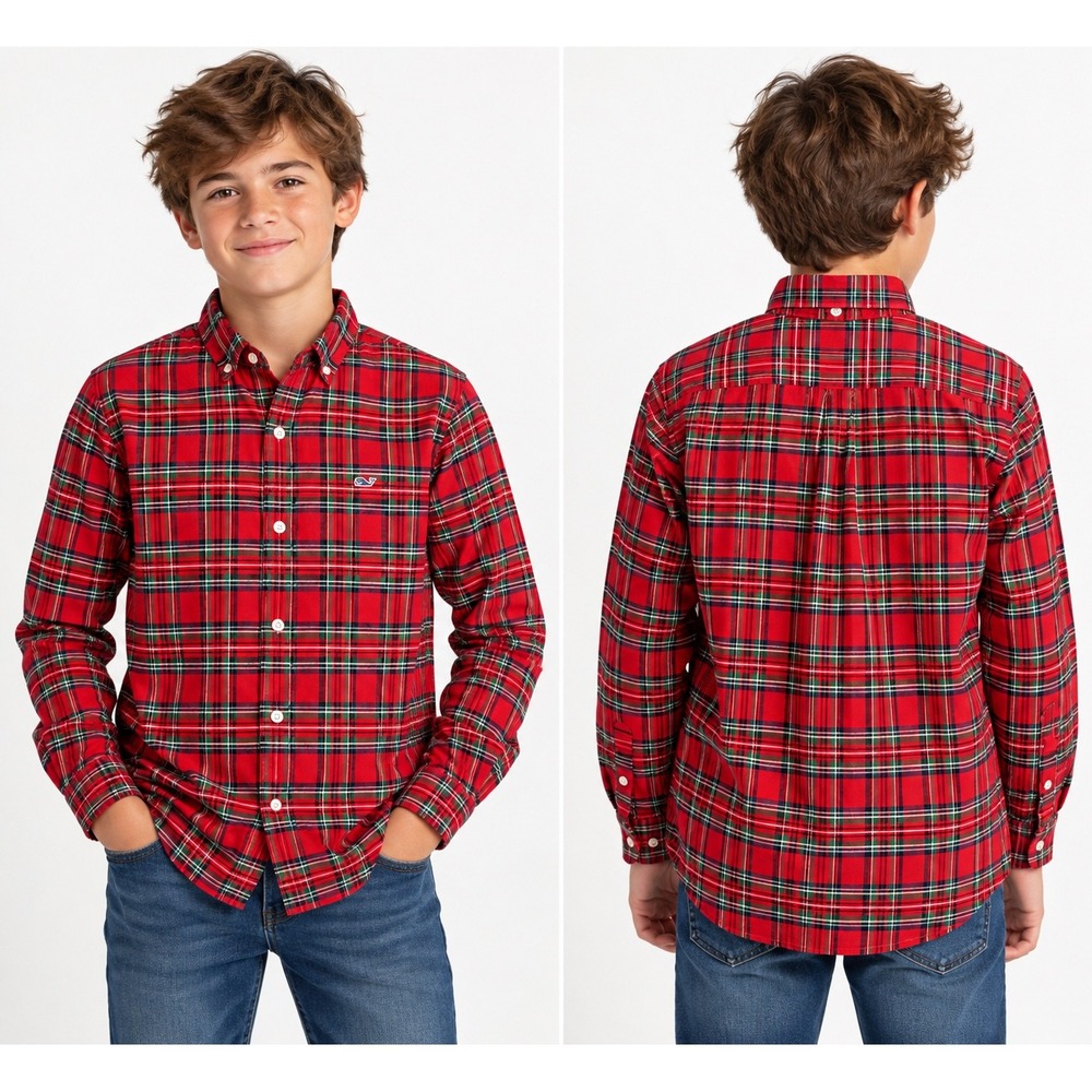 Vineyard Vines Boys Red Plaid Button Down Shirt Size M 12-14 Long Sleeve Whale